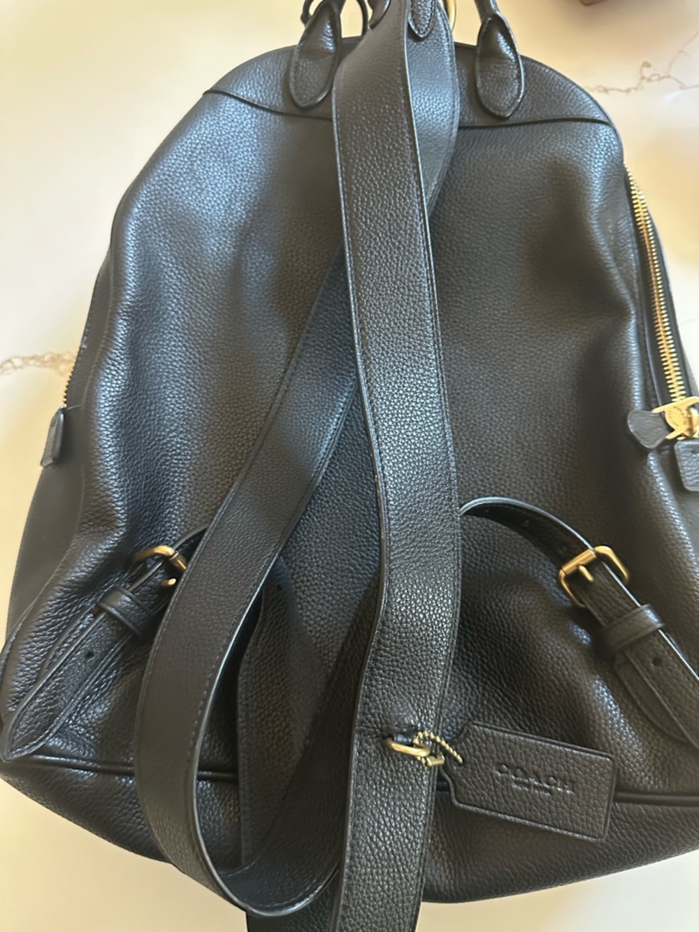 Coach Black Leather Backpack with Gold Accents